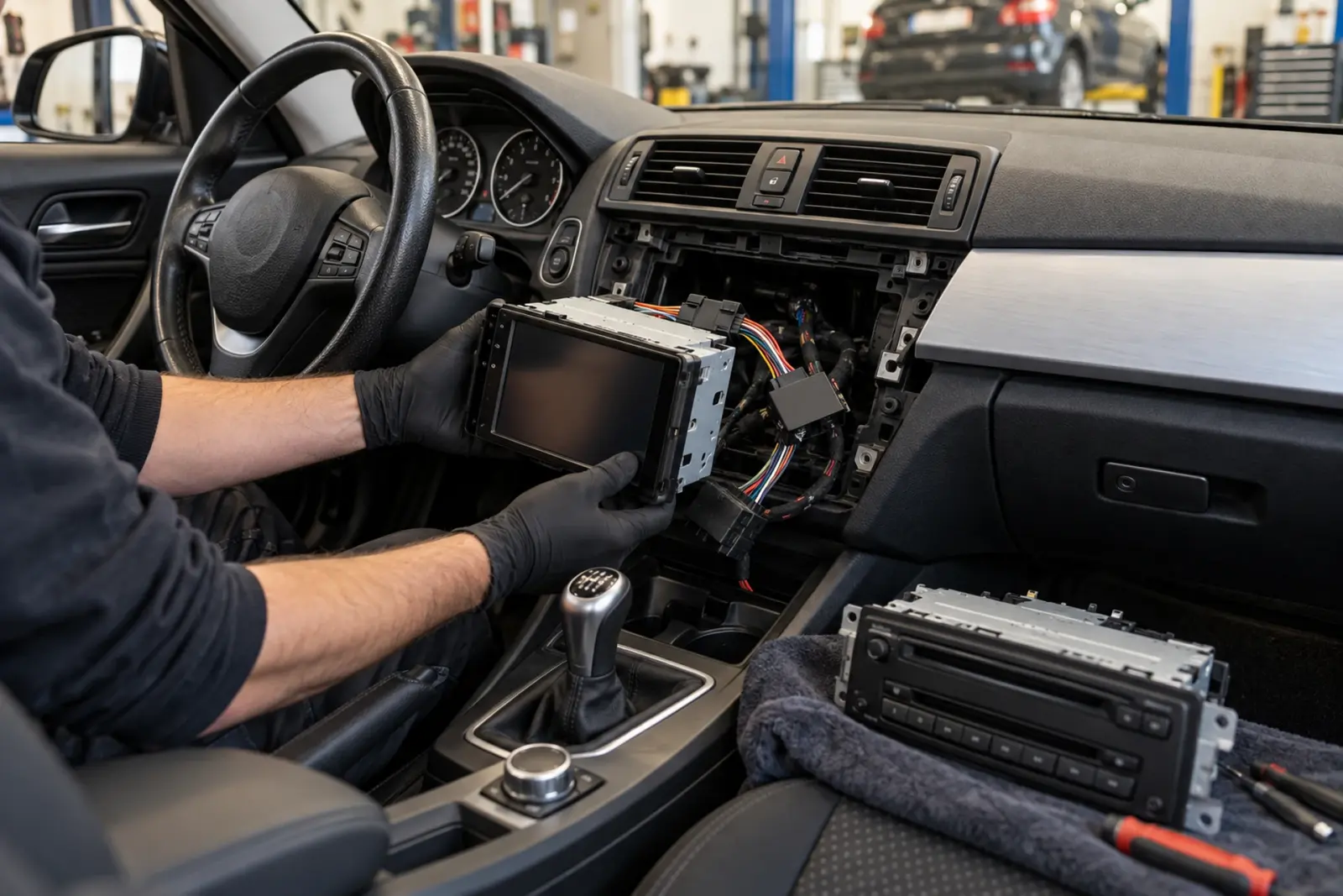 Android Auto radio inbouwen in Eindhoven: de oude radio van een Audi A3 naast het nieuwe touchscreen