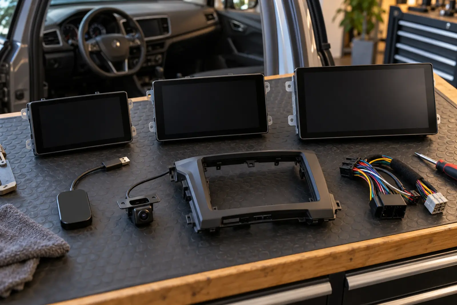 CarPlay prijzen in Eindhoven: CarPlay- en Android Auto-systemen, adapters en een achteruitrijcamera uitgestald