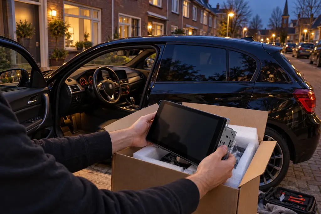 Nieuw CarPlay-touchscreen wordt uitgepakt voor een Audi A3 van een aanvrager uit Eindhoven