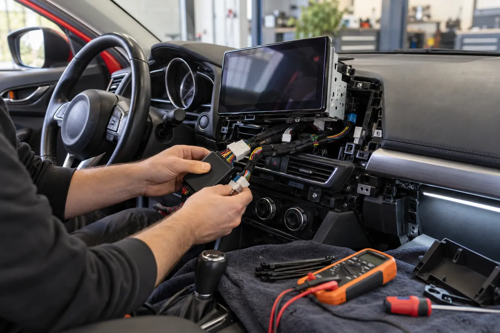 Stuurwielinterface wordt aangesloten tijdens het inbouwen van een CarPlay-scherm in een Kia Ceed uit Eindhoven