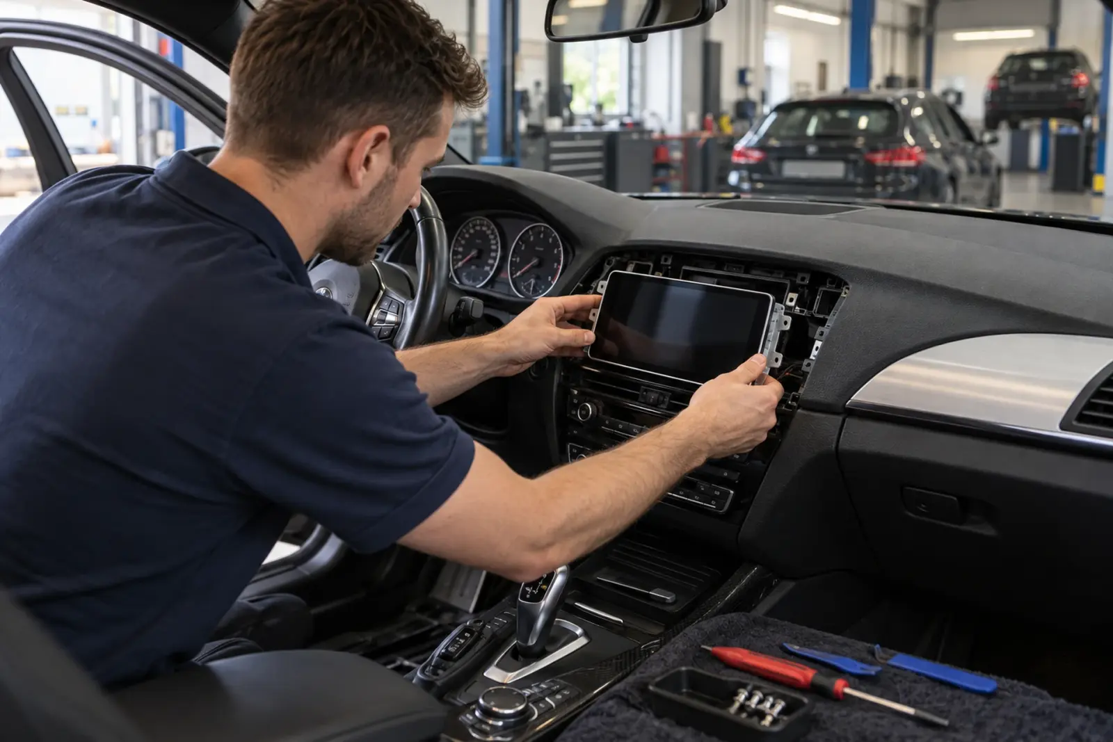 CarPlay scherm inbouwen in Eindhoven: monteur plaatst het scherm in het dashboard van een Audi A3